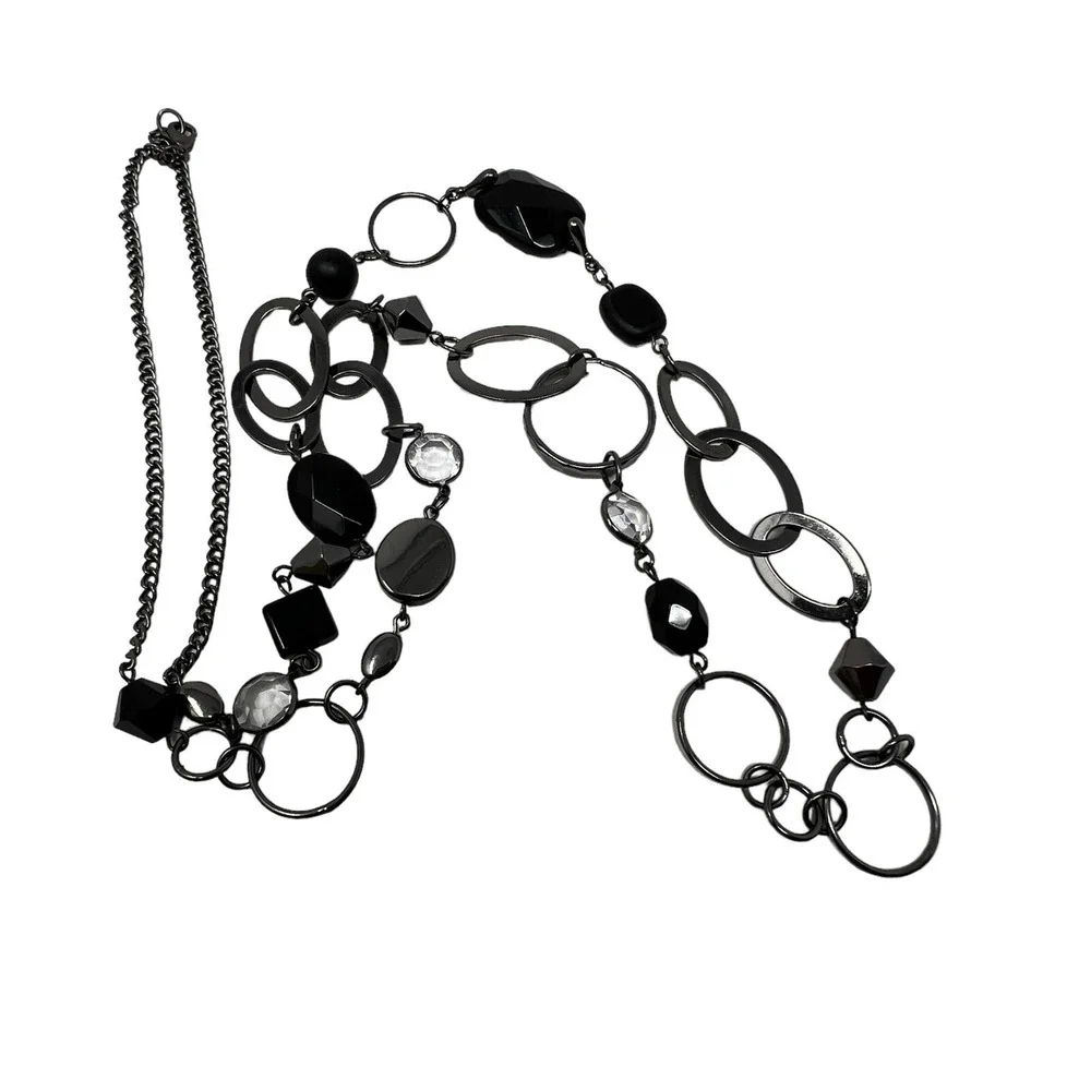 Chain‎ and Beaded Necklace Boho Gunmetal Black and Clear Lucite Beads 36 inch